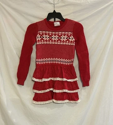 Vestido Suéter de Vacaciones Hanna Andersson Niñas 4 100 cm Rojo Volantes Encaje Copo de Nieve Foto 1 de 4