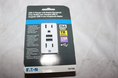 Eaton TR7765 Duplex Receptacle 15A 125V W/ (2) USB-A Charger, White, NEW - Image 1 of 2