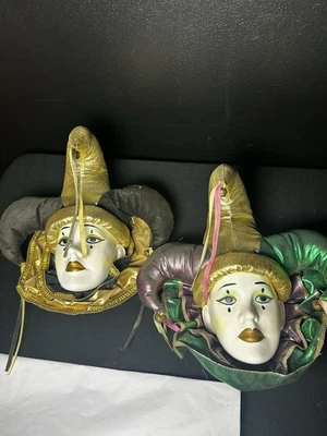Mardi Gras Jester Porcelain Face Masks Set Of Two Wall Hanging Decor - Image 1 of 4