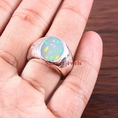 Anello In Argento Placcato Oro Bianco Con Gemma Di Opale Naturale Per Uomo #1120 - Immagine 1 di 4