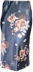 "Impresionante Falda Lápiz Recto Vestido Azul Estampado Floral Aspecto Satinado Longitud 33" - Imagen 1 de 3
