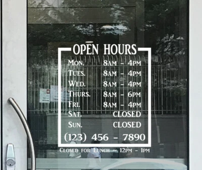 Business Store Open Closed Hours Phone Decal Vinyl Sticker Window Door Sign - Image 1 of 3
