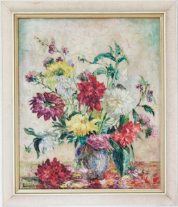 Ölgemälde Blumen Georgine Vase gerahmt 50x60 cm ca. 1960 - Bild 1 von 7