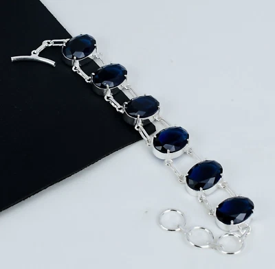 Zaffiro Blu Gemma Fatto a Mano 925 Argento Sterling Braccialetto Per Compleanno - Immagine 1 di 4