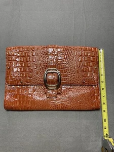 JESSICA SIMPSON Crocodile Print Envelope Clutch Burnt Orange Large Gold Accents - Picture 1 of 20