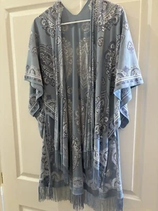 Womens Blue Floral Paisley Open Front Fringe Kimono Cardigan One Size Boho - Picture 1 of 3