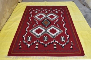 5x8 Navajo Kilim Geometric Oriental Area Rug Wool Hand-Woven Red Color Carpet - Picture 1 of 6