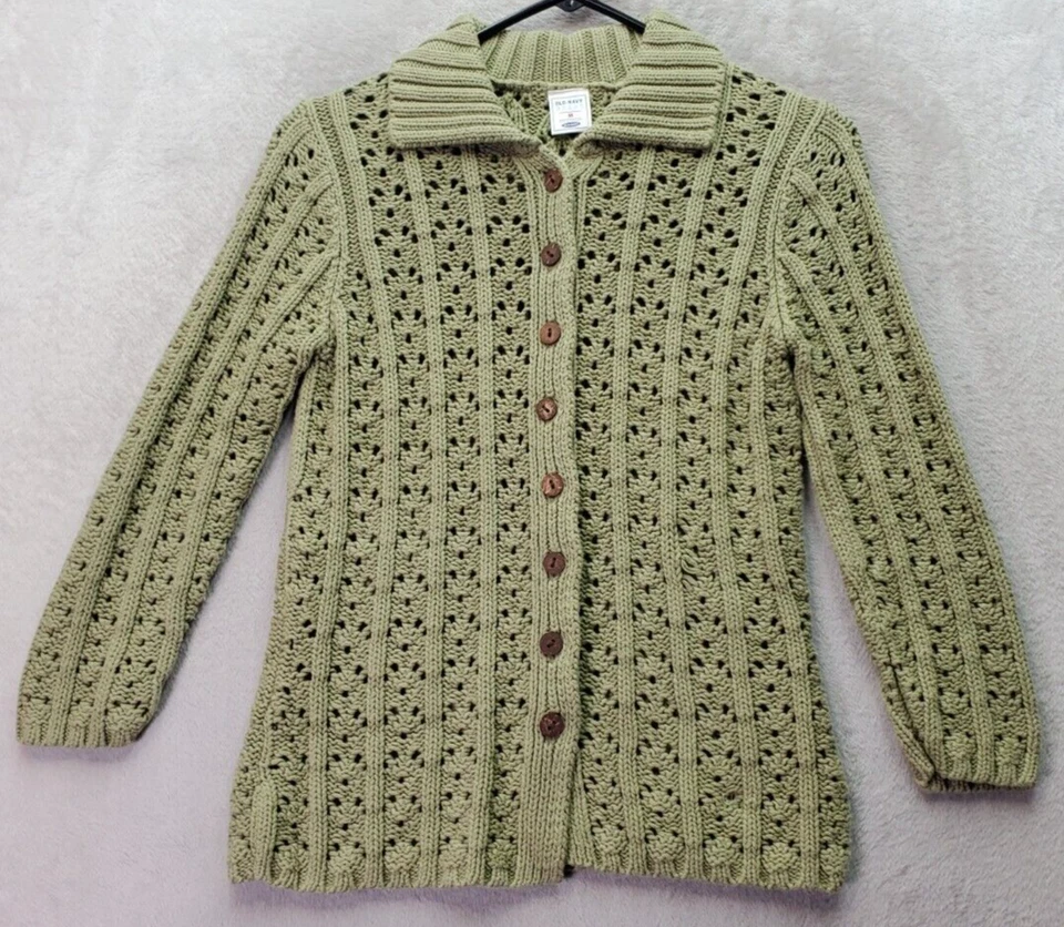 Old Navy Cardigan Sweater Girls Medium Green Crochet Long Sleeve Button Front - Image 1 of 4