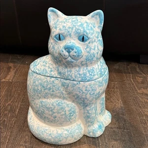 Biscottiera gatto ceramica spugna dipinta a mano blu vintage 12" - Foto 1 di 9