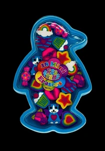 New Vintage Y2K Lisa Frank 18 Mini Erasers Blue Penguin Case Unused - Imagen 1 de 4