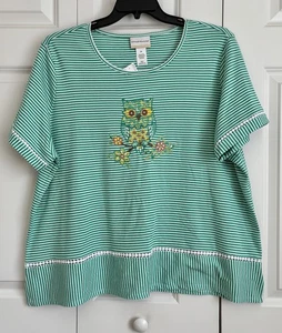 Alfred Dunner Damen Tops Eule Strick Pullover grün weiß gestreift Gr. 2X Baumwolle - Bild 1 von 9