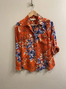 Loft Ann Taylor Women's Petite Small PS Red w/Blue Floral Roll Tab Sleeve Blouse - Picture 1 of 16
