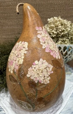 Botanical Decoupaged Gourd Wild Pink Hydrangea Home & Cottage Decor Charming - Image 1 of 4