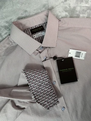 Camisa de vestir Thomas Dean para hombre XL rosa vino blanco rendimiento estampado manga larga Foto 1 de 4