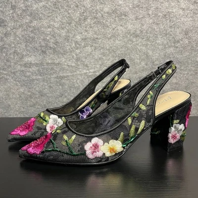 Betsey Johnson Slingback Pumps 9 Black Floral Embroidered Pointed Toe Block Heel - Image 1 of 4