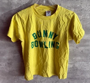 Vintage 1990s Fruit of the Loom Yellow Bunny Bowling Felt Tshirt Size 10 / 12 - Picture 1 of 5