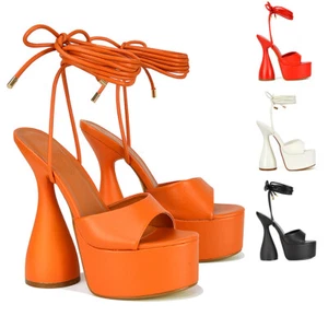Womens Platform High Heel Peep Toe Sandals Ladies Lace Up Party Evening Shoes - Picture 1 of 41