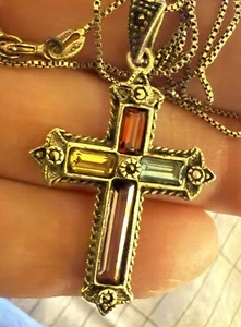 Vintage Beautiful Sterling Silver Colored Cut Glass Cross + Italian Box Chain - Picture 1 of 16
