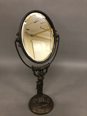 Antique Cast Iron Victorian Beveled Shaving Mirror W/ Woman Stand 17 1/2” • 450£