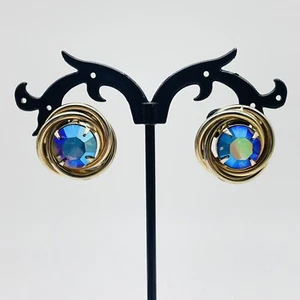 Blue Rhinestone Clip On Earrings Gold Tone Round Vintage Gift Aurora Borealis - Picture 1 of 9