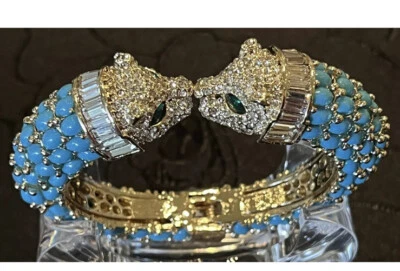 EXKLUSIVER LUXUS ARMREIF GOLD TÜRKIS PANTHER LEOPARD ARMBAND ZIRKONIA WEISS EDEL - Bild 1 von 4