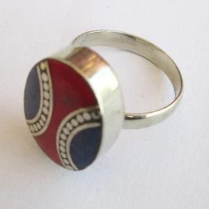 Tibetan Silver Coral Blue Lapis Natural Jewelry Original Adjustable Unisex Ring - Imagen 1 de 7