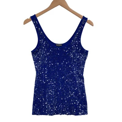 Camiseta sin mangas Express para mujer mediana azul brillante lentejuelas adornada cuello redondo pulóver Foto 1 de 4