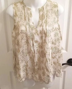 Moulinette Soeurs Anthropologie Size 8 Top Metallic Gold Ivory Lace Tank Blouse - Picture 1 of 9
