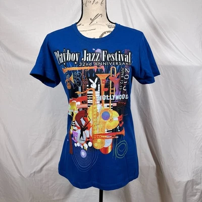 Playboy Shirt Womens Large Blue Jazz Festival Graphic Concert Tee Bunny T-Shirt - Photo 1/4