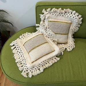 Set of 2 Vintage Woven Striped Throw Accent Pillows or Cushions Made in India - Picture 1 of 9