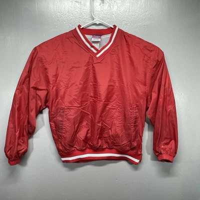 Champion De Colección Cuello en V Pullover Cortavientos Rojo Rayas Borde Chaqueta Atlética Pequeña Foto 1 de 4