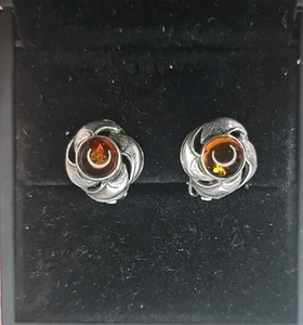925 Sterling Silver Vintage Real Amber Stud Clip-on Earrings - Picture 1 of 4