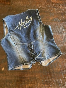 HARLEY DAVIDSON MOTORCYCLES WOMENS RHINESTONE ZIPPER LACE UP DENIM VEST SIZE XL - Picture 1 of 6