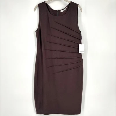 Nuevo con etiquetas Vestido Calvin Klein Shift Talla 12 Marrón Sin Mangas Funda Pintuck Carrera Oficina Foto 1 de 4