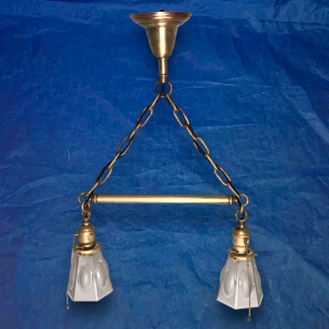 Antique Double Pendant Light Fixture Nice Yellow & Red Brass Patina 61E Cover