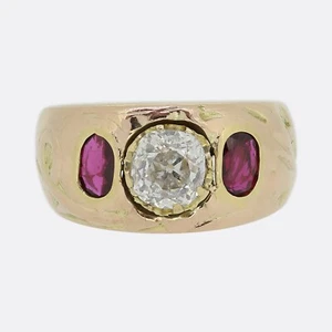 Antique Ruby and Diamond Three-Stone Ring - 18ct Yellow Gold - Picture 1 of 4