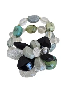 Double Strand Clear, Black and Turquoise Speckled Wired Bead Stretch Bracelet - Picture 1 of 7