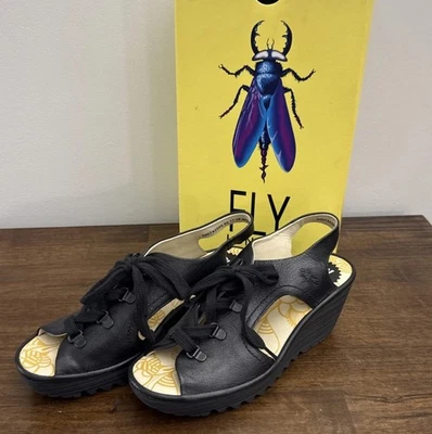 Fly London Women's Mousse Black Wedge Sandals YLFA742FLY Size 38 US 7 NEW - Image 1 of 3