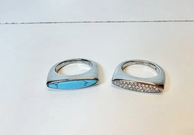 2 Michael Kors Diamond Stone Turquoise Stacked Size 6 Rings Stackable Silver - Image 1 of 4