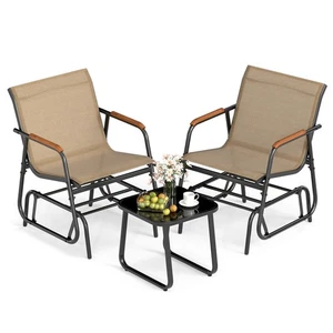 3 Piece Outdoor Gliding Set w/ Tempered Glass Coffee Table Teak Wood Armrests - Picture 1 of 10