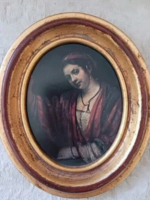 Vintage Rembrandt Print in Gold Painted Oval Wood Frame Woman in Doorway 6.5" - Image 1 of 4