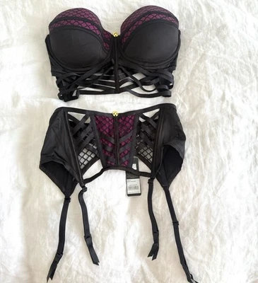 Playboy CONJUNTO Sujetador Talla AU 10E/US 32E/UK 32F Y Tirantes Talla 8 Negro Hea Foto 1 de 4