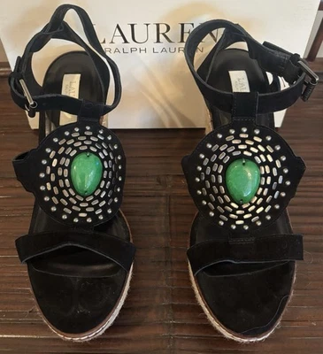 Sandalias de cuña Lauren Ralph Lauren negras gamuza alpargata Sophia talla 9B Foto 1 de 4