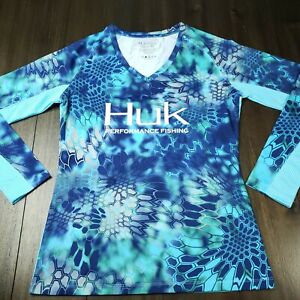 Womens Huk Kryptek Pontus Performance Fishing Long Sleeve Shirt Size Medium Blue