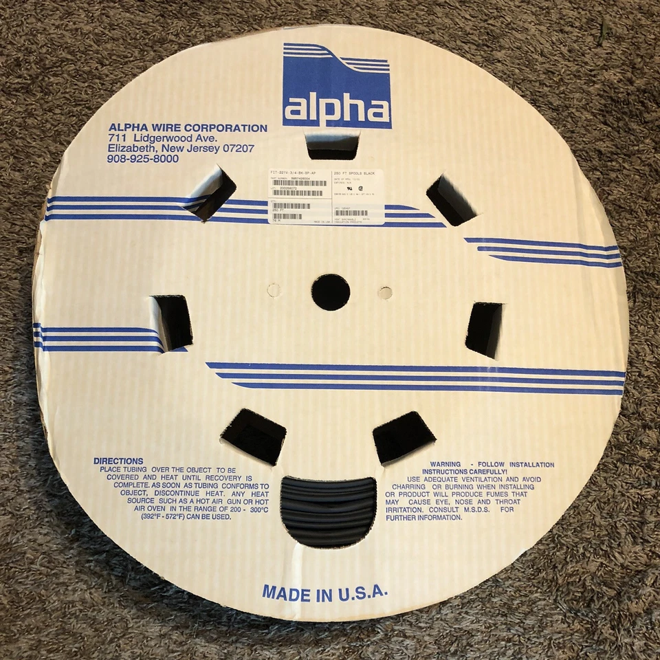 250 FT Spool 3/4” Heat Shrink Tube 2:1 Heat Shrinkable Tubing Alpha BLACK AT - Image 1 of 4