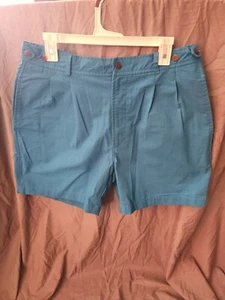 VINTAGE Bugle Boy Shorts Men 34 Blue Chino Khakis Pleats Loose Elastic Waist 90s - Picture 1 of 6