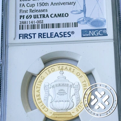 2022 UK NGC PF69 UC Two Pounds First Releases FA Cup Gilt Silver Proof 150 Anniv - Image 1 of 4