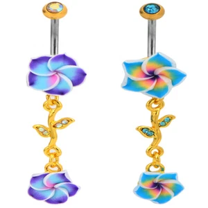 1- 14 Gauge 3/8 Inch Steel Barbell Navel Ring Boho Hawaiian Plumeria Flower B618 - Picture 1 of 3