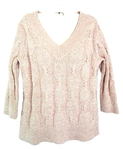 J.Jill Woman SP V-Neck Cable Knit Sweater Heathered Pink Spring Summer Cotton - Picture 1 of 12