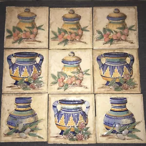MARCA CORONA cerámica HECHA ITALIA-1941 - AZULEJO PINTADO A MANO 4"" CUADRADOS - Juego 9 RARO- - Imagen 1 de 10